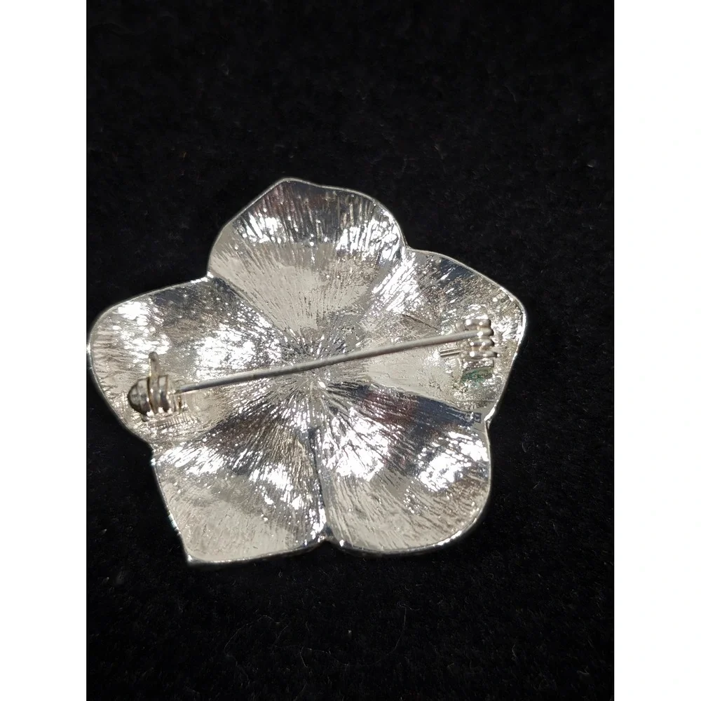 Blue Green Enamel‎ Flower Brooch Rhinestone Silver Tone Swirl Pin
